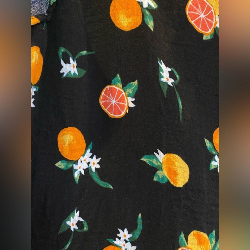 dip Blouse V-Neck Ruffle Sleeve Whimsical Citrus Colorful 100% Cotton Top - Picture 3 of 5